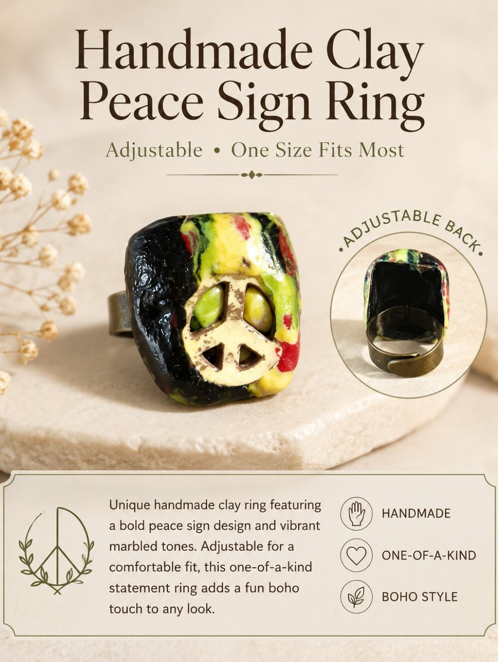 Handmade Clay Peace Sign Ring - Black, Yellow, Green, Red